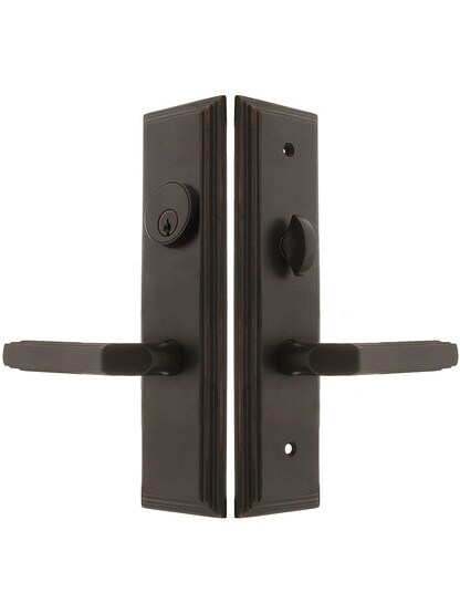 Manhattan F20 Function Mortise Lock Entryset in Oil Rubbed Bronze with Left Hand Milano Levers, and Stop/Release Buttons.